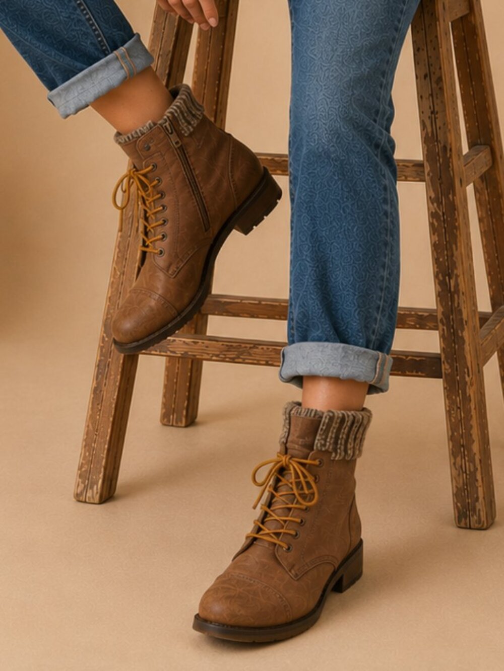 Steve Madden Lace Up Combat Boots Women's 8 Cognac Knit Cuff Hiking Boots